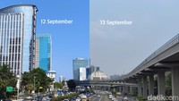 Begini penampakan langit DKI Jakarta di Gatot Subroto, Jakarta Selatan, pada 12 September dan 13 September 2023, pada waktu siang hari. (Foto: Tim detikHealth)