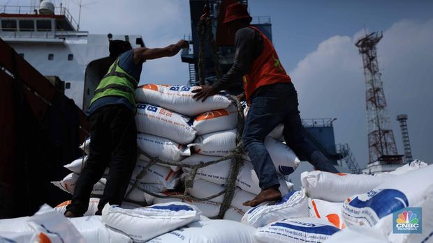 Petugas melakukan bongkar muat beras impor dari kapal Thai Binh12 asal Vietnam di Pelabuhan Tanjung Priok, Jakarta, Rabu (13/9/2023). Perum Bulog mendatangkan 40 ribu ton beras yang akan dikirim ke gudang kawasan DKI Jakarta dan Banten. (CNBC Indonesia/Tri Susilo)