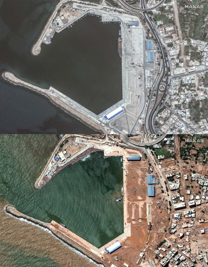 Foto Satelit Before-After Ungkap Kota di Libya Luluh Lantak A combination image of satellite photos shows the Wadi Derna before (top) and after a powerful storm caused flooding in Derna, Libya, July 1, 2023 (top) and September 13, 2023. Maxar Technologies/Handout via REUTERS THIS IMAGE HAS BEEN SUPPLIED BY A THIRD PARTY. NO RESALES. NO ARCHIVES. MANDATORY CREDIT. DO NOT OBSCURE LOGO. THIS PICTURE WAS PROCESSED BY REUTERS TO ENHANCE QUALITY. UNPROCESSED VERSIONS HAVE BEEN PROVIDED SEPARATELY.