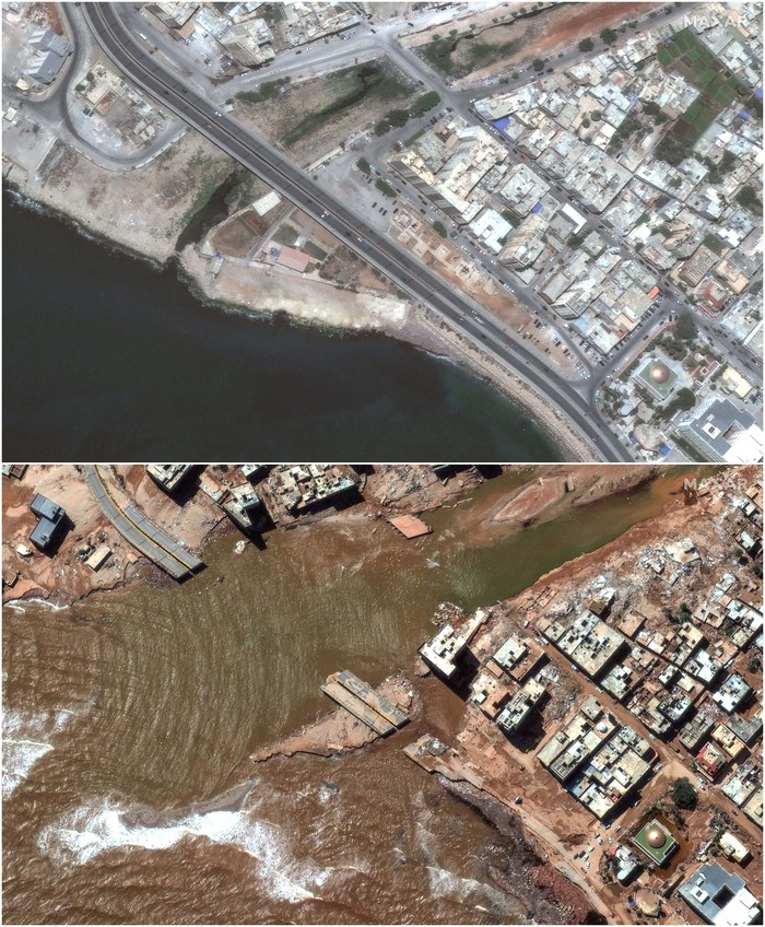 Foto Satelit Before-After Ungkap Kota di Libya Luluh Lantak A combination image of satellite photos shows the Wadi Derna before (top) and after a powerful storm caused flooding in Derna, Libya, July 1, 2023 (top) and September 13, 2023. Maxar Technologies/Handout via REUTERS THIS IMAGE HAS BEEN SUPPLIED BY A THIRD PARTY. NO RESALES. NO ARCHIVES. MANDATORY CREDIT. DO NOT OBSCURE LOGO. THIS PICTURE WAS PROCESSED BY REUTERS TO ENHANCE QUALITY. UNPROCESSED VERSIONS HAVE BEEN PROVIDED SEPARATELY.