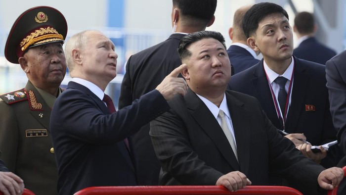 Russian President Vladimir Putin and North Koreas leader Kim Jong Un examine a launch pad during their meeting at the Vostochny cosmodrome outside the city of Tsiolkovsky, about 200 kilometers (125 miles) from the city of Blagoveshchensk in the far eastern Amur region, Russia, on Wednesday, Sept. 13, 2023. (Mikhail Metzel, Sputnik, Kremlin Pool Photo via AP)