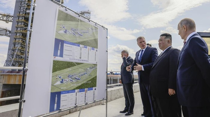 Russian President Vladimir Putin and North Korea's leader Kim Jong Un examine a launch pad of Angara rockets during their meeting at the Vostochny cosmodrome outside the city of Tsiolkovsky, about 200 kilometers (125 miles) from the city of Blagoveshchensk in the far eastern Amur region, Russia, on Wednesday, Sept. 13, 2023. (Mikhail Metzel, Sputnik, Kremlin Pool Photo via AP)