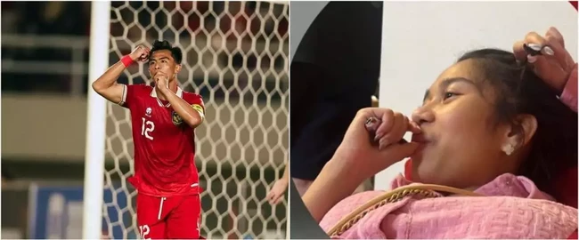 Arhan juga memperlihatkan pose dirinya mengisap jempol sambil memainkan rambut. Rupanya itu adalah pose yang sering dilakukan oleh sang istri. Foto: Twitter/@FaktaSepakbola