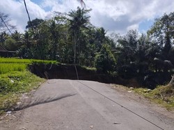 Foto: Selain akses wisata, jalan yang ambles tersebut juga digunakan warga sebagai jalan untuk beraktivitas sehari-hari, seperti ke sekolah dan ke sawah. (Dok. BPBD Gianyar)