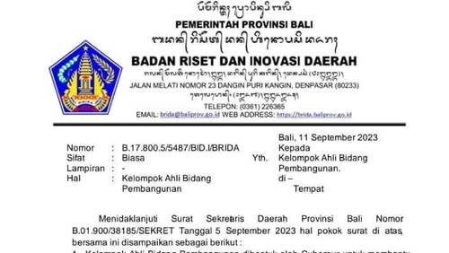 Surat BRIDa Tentang Bebas Tugas Kelompok Ahli Bidang Pembangunan era Gubernur Bali Wayan Koster. (Istimewa)