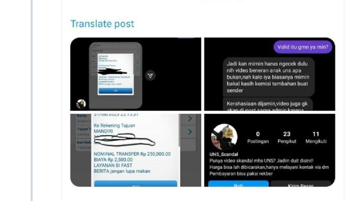 Tangkapan layar percakapan dugaan jual beli video syur mahasiswa UNS.