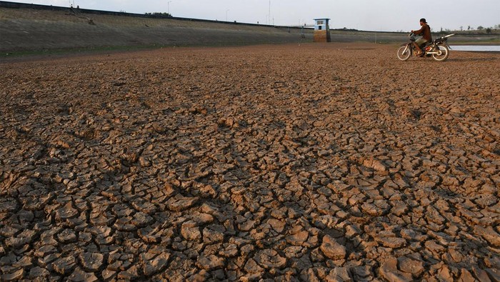 Kondisi Waduk Dawuhan yang airnya menyusut di Kabupaten Madiun, Jawa Timur, Rabu (13/9/2023). Waduk yang memiliki daerah irigasi seluas 2.823 hektare sawah tersebut tinggal menyisakan sedikit air hingga sebagian besar dasar waduk mengering akibat musim kemarau.