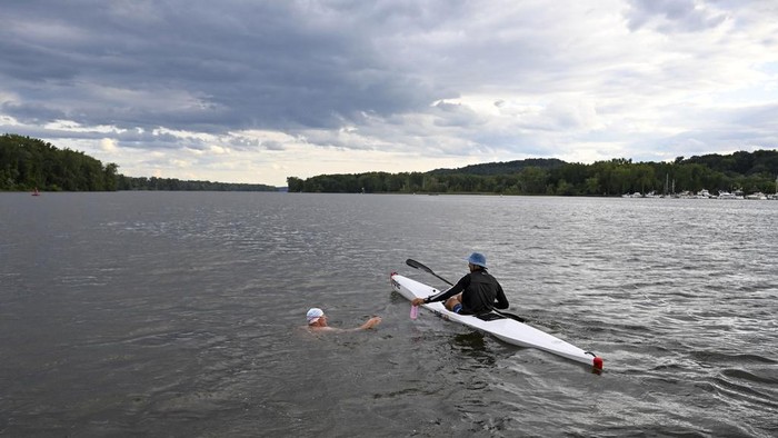 Lewis Pugh, a British endurance swimmer who is swimming the entire 315-miles of the Hudson River from the Adirondacks to New York City to highlight the critical role rivers play in a habitable planet, reaches for a drink from a member of his safety team while swimming a section of the river, Wednesday, Aug. 30, 2023, in Castleton, N.Y. (AP Photo/Hans Pennink)