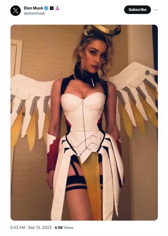 Foto Amber Heard saat cosplay menjadi Mercy yang dibagikan oleh Elon Musk.