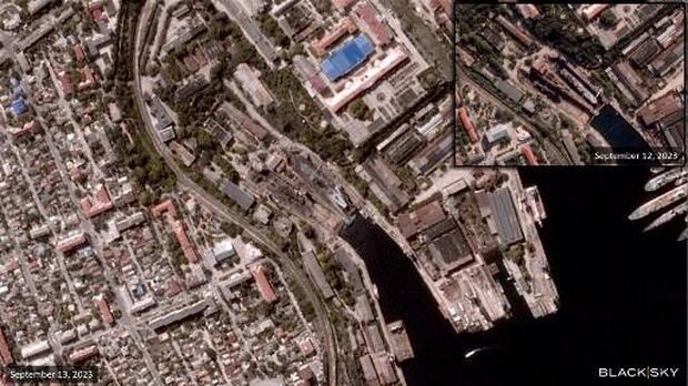 (COMBO) This combination of handout satellite pictures created and released by BlackSky on September 13, 2023 shows a general view of the Sevastopol Shipyard in Crimea (top R) on September 12, 2023 before a strike, and a general view of damage at the Shipyard after a strike on September 13, 2023. Earlier on September 13, Russia's defence ministry said that Ukrainian cruise missiles had struck a shipyard in the Crimean port of Sevastopol overnight. (Photo by Handout / BLACKSKY / AFP) / RESTRICTED TO EDITORIAL USE - MANDATORY CREDIT 