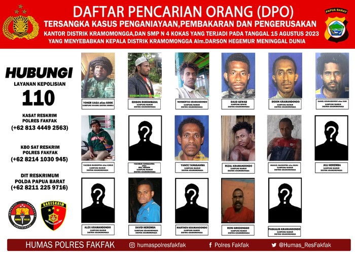 Foto terbaru DPO pembunuhan dan pembakaran di Distrik Kramamongga, Fakfak, Papua Barat.