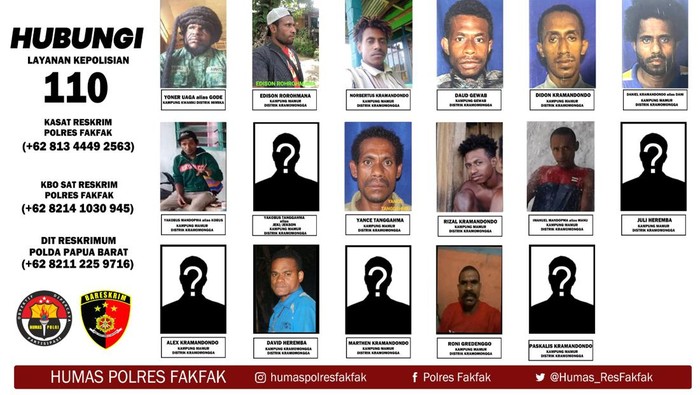 Foto terbaru DPO pembunuhan dan pembakaran di Distrik Kramamongga, Fakfak, Papua Barat.