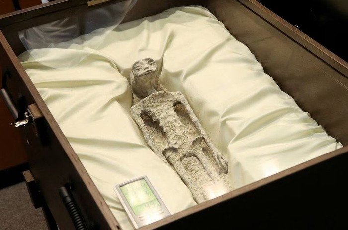 Remains of an allegedly non-human being is seen on display during a briefing on unidentified flying objects, known as UFOs, at the San Lazaro legislative palace, in Mexico City, Mexico September 12, 2023. REUTERS/Henry Romero Acquire Licensing Rights