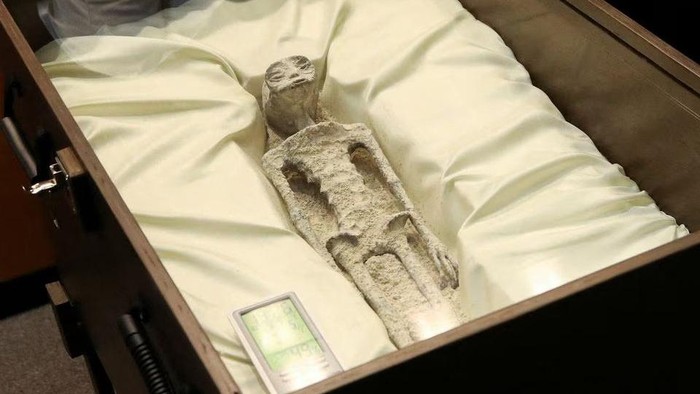 Remains of an allegedly non-human being is seen on display during a briefing on unidentified flying objects, known as UFOs, at the San Lazaro legislative palace, in Mexico City, Mexico September 12, 2023. REUTERS/Henry Romero Acquire Licensing Rights