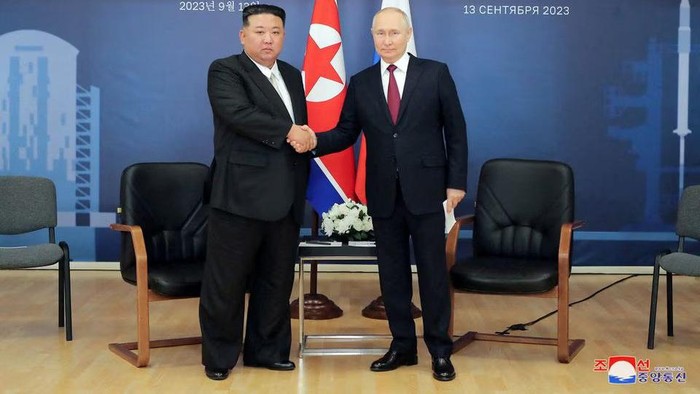 Russias President Vladimir Putin and North Koreas leader Kim Jong Un attend a meeting at the Vostochny Cosmodrome in the far eastern Amur region, Russia, September 13, 2023 in this image released by North Koreas Korean Central News Agency. KCNA via REUTERS/File Photo Acquire Licensing Rights