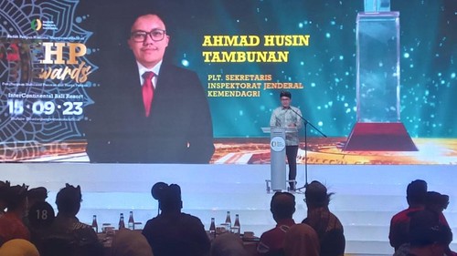 Plt Sekretaris Inspektorat Jenderal Kemendagri Ahmad Husin Tambunan menyampaikan arahan Menteri Dalam Negeri Tito Karnavian terkait antisipasi gejolak harga beras, di Badung, Bali, Jumat (15/9/2023).