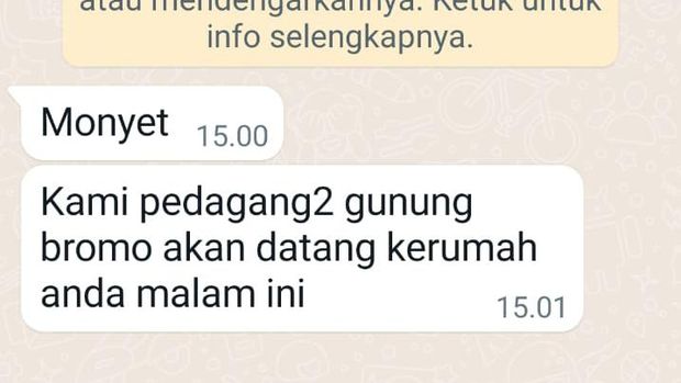 Chat ancaman kepada pengacara rombongan prewedding yang sebabkan Bromo terbakar.