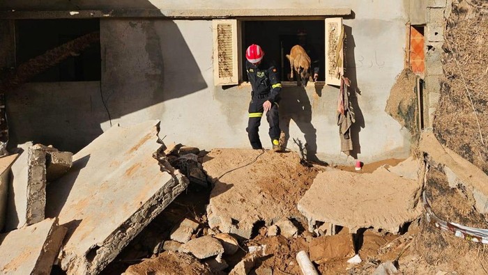 Tim SAR Terus Cari Korban Banjir Libya Tim penyelamat terus berjuang melakukan pencarian korban banjri di Derna, Libya. Anjing pelacak juga dikerahkan dalam proses pencarian tersebut.
