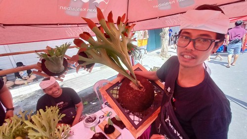 I Gusti Agung Made Teguh Awidya saat memamerkan sejumlah Simbar Menjangan koleksinya dalam pameran yang digelar di desanya beberapa waktu lalu.