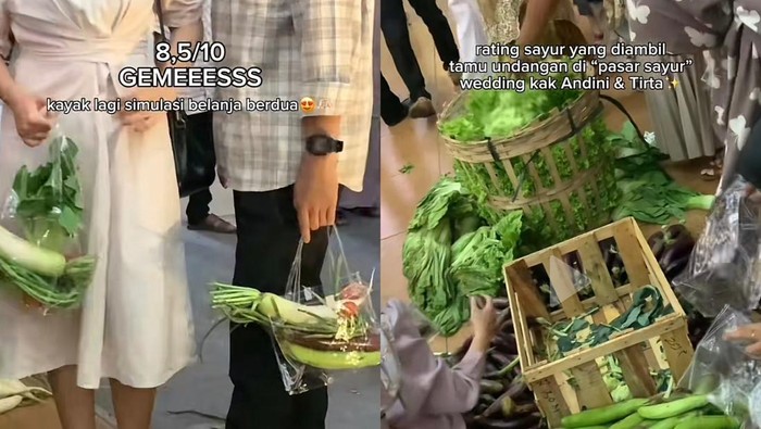 Acara pernikahan viral di media sosial, pengantin menyediakan souvenir aneka sayur mayur. Tamu undangan bisa membawa pulang sayuran.