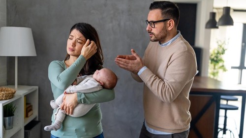 Couple having conflict in relationship, financia problem, postpartum depression. Marriage difficulties, divorce concept.