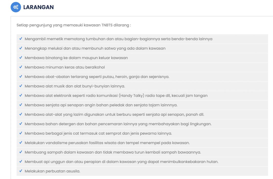 Daftar larangan untuk pengunjung di TNBTS