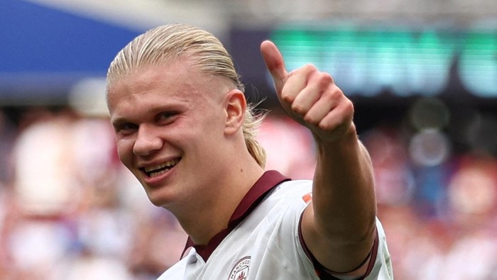 Soccer Football - Premier League - West Ham United v Manchester City - London Stadium, London, Britain - September 16, 2023 Manchester Citys Erling Braut Haaland celebrates scoring their third goal Action Images via Reuters/Andrew Boyers NO USE WITH UNAUTHORIZED AUDIO, VIDEO, DATA, FIXTURE LISTS, CLUB/LEAGUE LOGOS OR LIVE SERVICES. ONLINE IN-MATCH USE LIMITED TO 45 IMAGES, NO VIDEO EMULATION. NO USE IN BETTING, GAMES OR SINGLE CLUB/LEAGUE/PLAYER PUBLICATIONS.