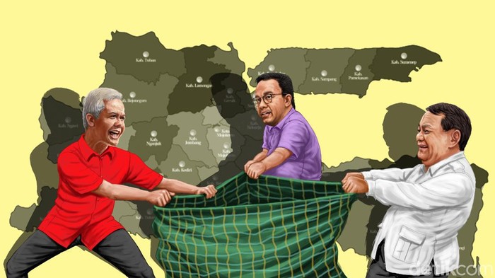 Ilustrasi detikX Ganjar, Prabowo, Anies Berebut Jawa Timur