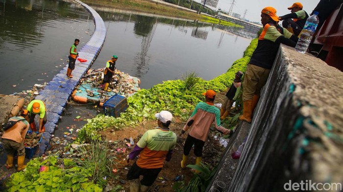Petugas UPK Badan Air membersihkan sampah di Kali Angke, Penjaringan, Jakarta Utara. Sampah ini diketahui masih mencemari sungai.