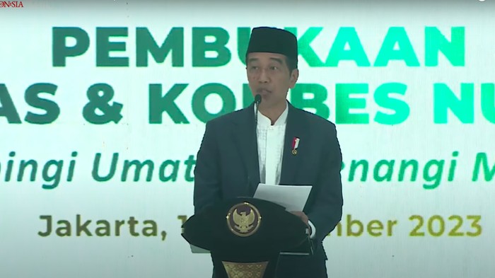 Presiden Jokowi mengatakan pemerintah mendukung peningkatan kualitas pendidikan di NU. Jokowi bicara soal pembangunan gedung 9 lantai untuk UNU Yogyakarta. (YouTube Setpres)