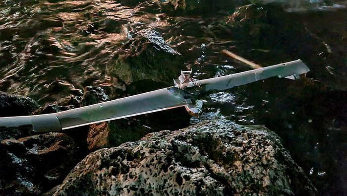 A drone carrying explosives is seen on the Black Sea coast near the village of Tyulenovo, Bulgaria, in this handout image released on September 18, 2023. (Bulgarian Ministry of Defence/Handout via REUTERS ATTENTION EDITORS - THIS IMAGE HAS BEEN SUPPLIED BY A THIRD PARTY. NO RESALES. NO ARCHIVES.