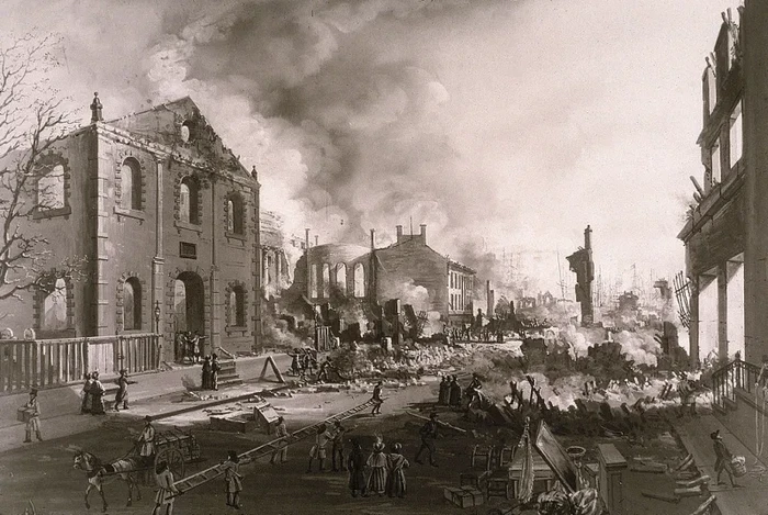 Sebuah ilustrasi yang menunjukkan reruntuhan bangunan-bangunan di New York setelah Kebakaran Besar tahun 1835.