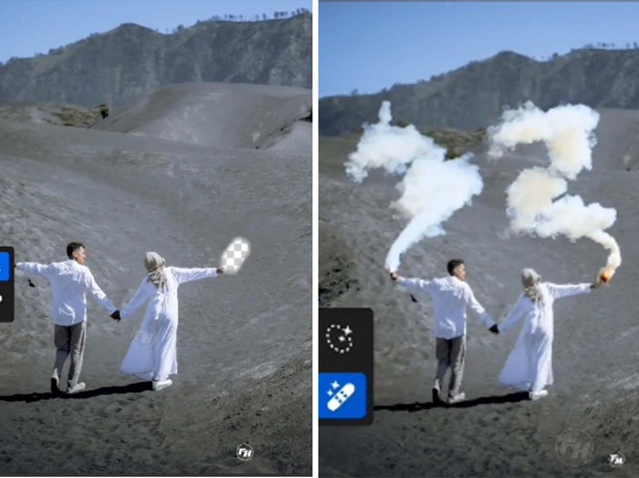 Juru gambar dan video, @fh.project_ mengunggah tutorial mengedit foto pasangan di Gunung Bromo dengan efek flare dan asap, tanpa membakar hutan. Video tutorial tersebut langsung viral.