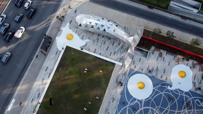 An aerial view shows the 