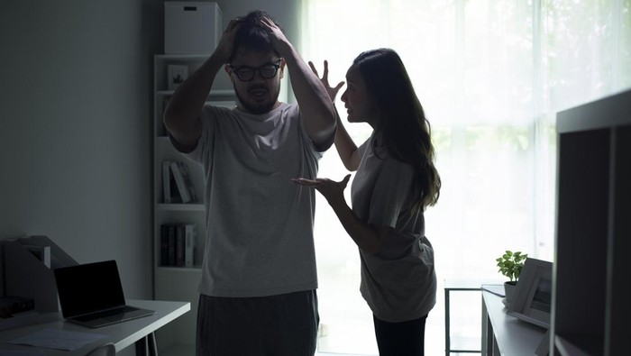 Asian couple arguing shouting blaming each other of problem, husband and wife fighting at home, relationship Problems concept