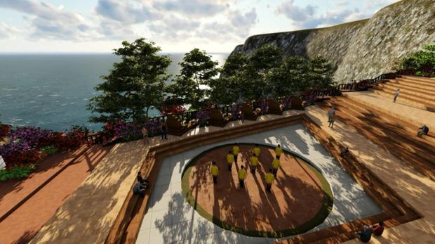 Konsep penataan Pantai Kelingking, Nusa Penida, yang akan dilengkapi dengan aksesibilitas, stage, gazebo, bergola, tangga di tebing, RTH, Rabu (20/9/2023). (Dok. Pemkab Klungkung).