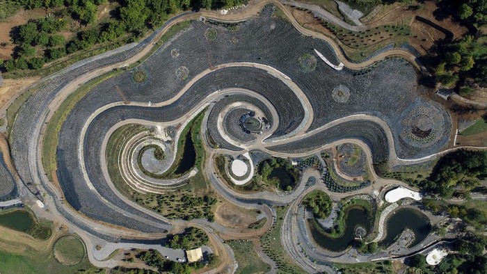 This photo taken by a drone shows an aerial view of a nature park shaped after Vincent van Gogh's painting 