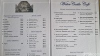 Untuk menu, Water Castle Cafe memiliki aneka minuman jus dan teh. Menu andalan yang paling khas di sini yaitu Nasi Campur. Harganya kisaran Rp 15 ribu-Rp 43 ribu.