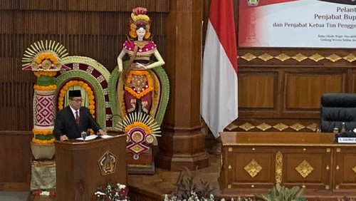 Pj Gubernur Bali Sang Made Mahendra Jaya saat pidato di pelantikan Pj Bupati Gianyar, I Dewa Tagel, di gedung Wiswa Sabha, Kantor Gubernur Bali, Rabu (20/9/2023)