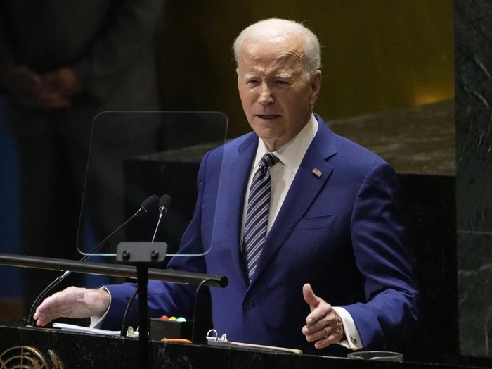Presiden AS Joe Biden saat berpidato dalam Sidang Majelis Umum PBB. (AP Photo/Susan Walsh)