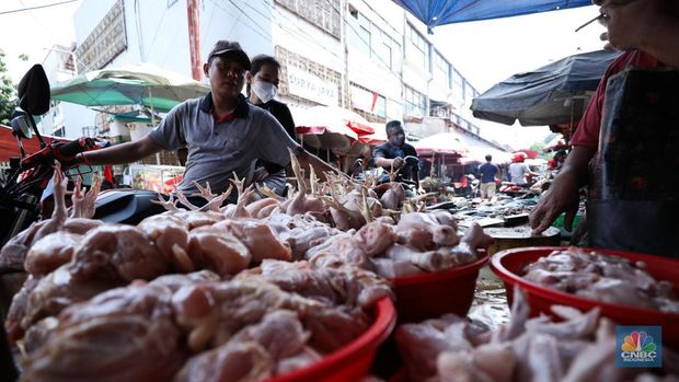 Sejumlah pedagang melayani pembeli di pasar Kebayoran lama, Jakarta, Rabu (20/9/2023). (CNBC Indonesia/Tri Susilo)