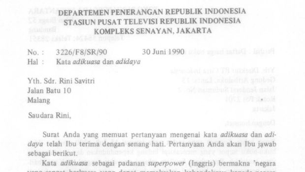 Contoh surat resmi dari stasiun televisi TVRI.