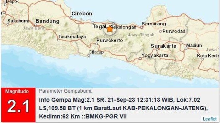 Gempa M 2,1 di Pekalongan, Kamis (21/9/2023).