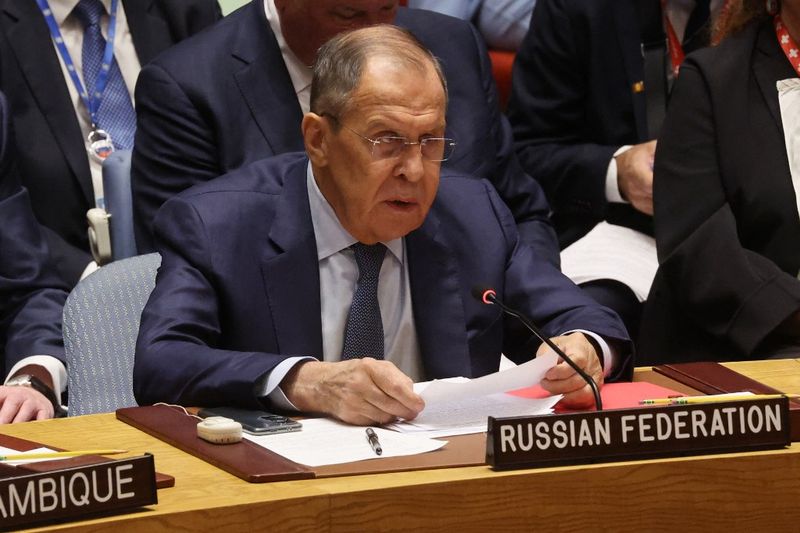 NEW YORK, NEW YORK - SEPTEMBER 20: Russian foreign minister Sergey Lavrov speaks at a U.N. Security Council meeting during the United Nations General Assembly (UNGA) on September 20, 2023 in New York City. During the meeting, President of Ukraine Volodymyr Zelensky called on the UNSC to broaden its membership and remove Russias veto power on the Security Council.   Spencer Platt/Getty Images/AFP (Photo by SPENCER PLATT / GETTY IMAGES NORTH AMERICA / Getty Images via AFP)