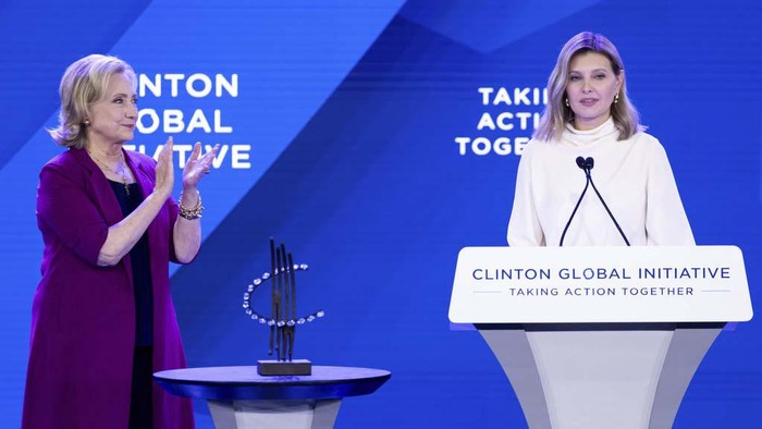 Hillary Clinton applauds as Ukraine's first lady Olena Zelenska accepts the Clinton Global Citizen Award during the Clinton Global Initiative, Tuesday, Sept. 19, 2023 in New York. (AP Photo/Julia Nikhinson)