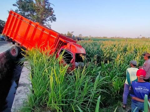 Truk pencari pasir terjun ke sawah di Desa Pomah, Kecamatan Tulung, Kabupaten Klaten, Kamis (21/9/2023) sore.