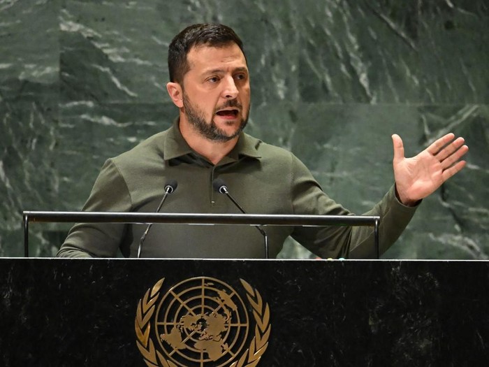 Ukrainian President Volodymyr Zelensky addresses the 78th United Nations General Assembly at UN headquarters in New York City on September 19, 2023. (Photo by TIMOTHY A. CLARY / AFP)