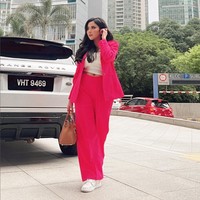 Namun ada kalanya wanita yang juga berprofesi sebagai DJ ini tampil chic dan sporty dengan padu padan setelan blazer fuschia dan sneakers. Foto: Instagram/@ayuaulia5252