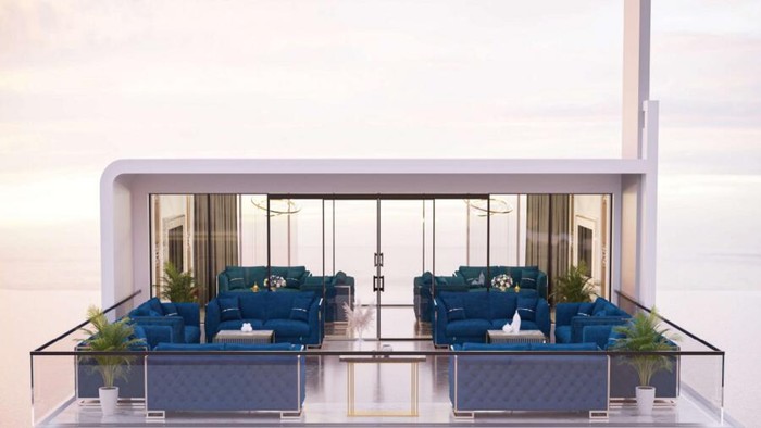 Desain salah satu ruangan outdoor masjid bawah air semi terapung yang bakal dibangun Dubai
