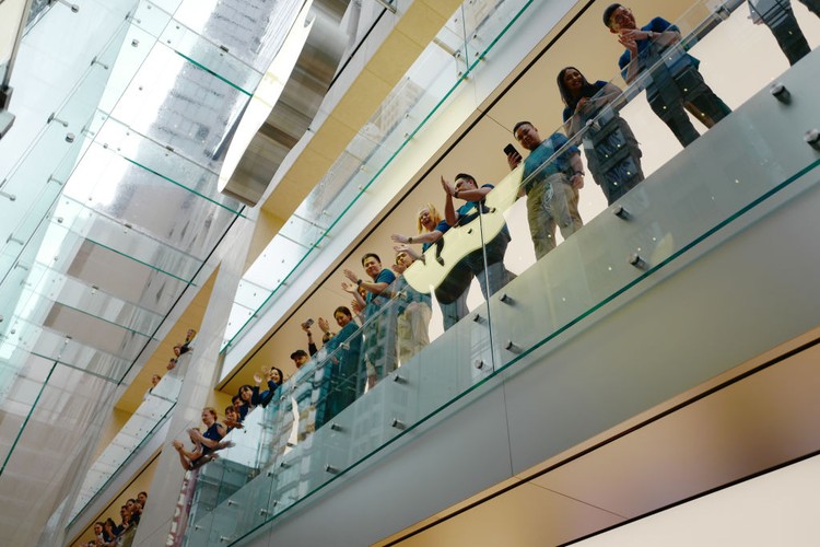 SYDNEY, AUSTRALIA - SEPTEMBER 22: Customers wait in line at the Australian release of the latest iPhone and Apple Watch models at the Apple Store on September 22, 2023 in Sydney, Australia. Apple launched its lineup of the latest iPhone 15 versions as well as other product upgrades such as the Apple Watch Series 9 and Apple Watch Ultra 2 feauturing new design, improved performance and new materials.  (Photo by James D. Morgan/Getty Images)